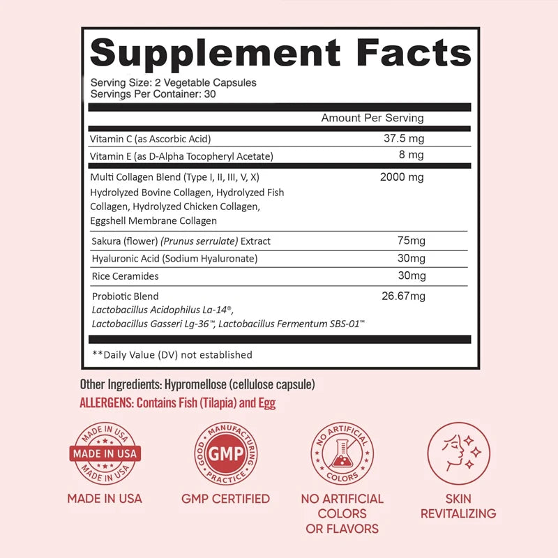 Hyaluronic Acid, Probiotics, Vitamin C, Multi Collagen 60 Capsules